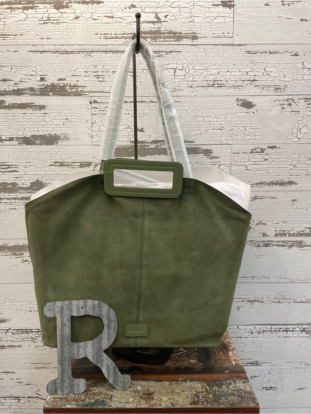 STAUD NWT Olive Green Suede Tote with Rectangle Handle